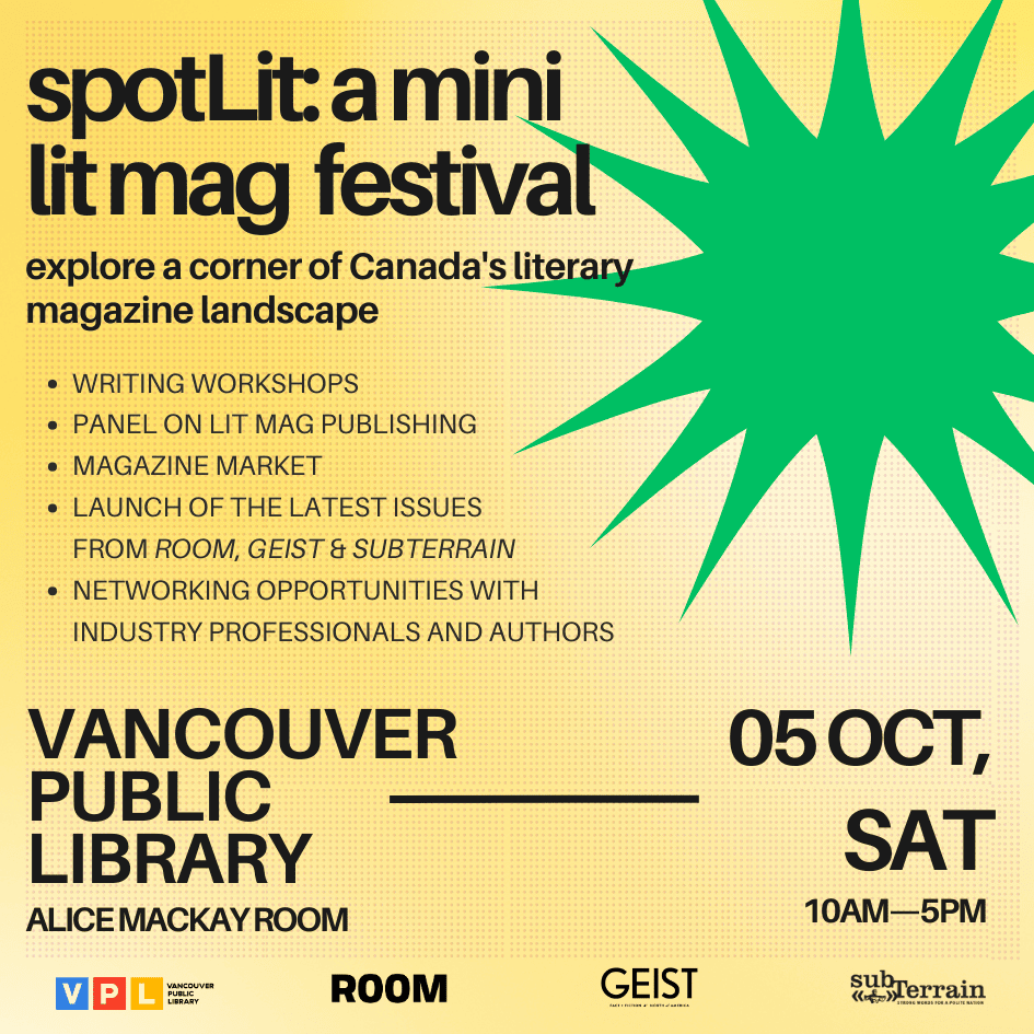 SpotLit: a mini lit mag festival on Saturday, October 5, 2024 at the Vancouver Public Library.